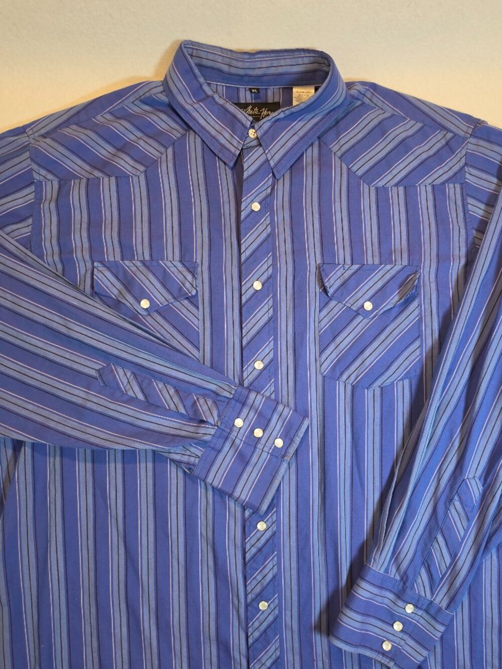 White Horse Blue Striped Pearl Snap Western Cowboy Shirt XL